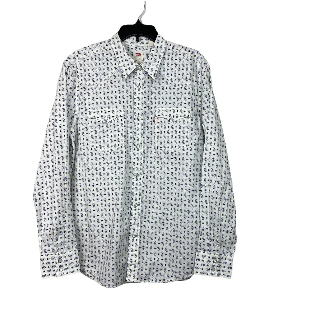 Levi's Men's L Classic Western Standard Fit Shirt Pearl Snap Cream Blue Paisley